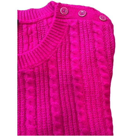 Talbots Fuchsia Pink Cable Knit Crewneck Cotton Blend Button Detail Medium - Picture 6 of 8